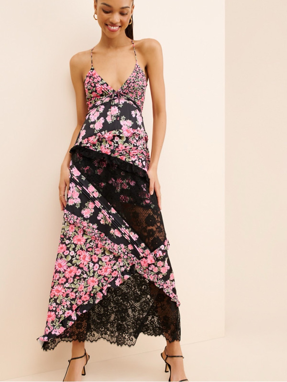 For Love & Lemons Black Pink Rosalyn Floral Layered Maxi Dress